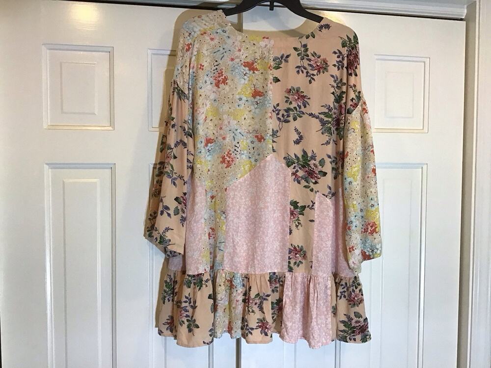 Easel Patchwork Floral Boho Peasant Top Flowy Blouse Womens Sz L Coastal Cottage